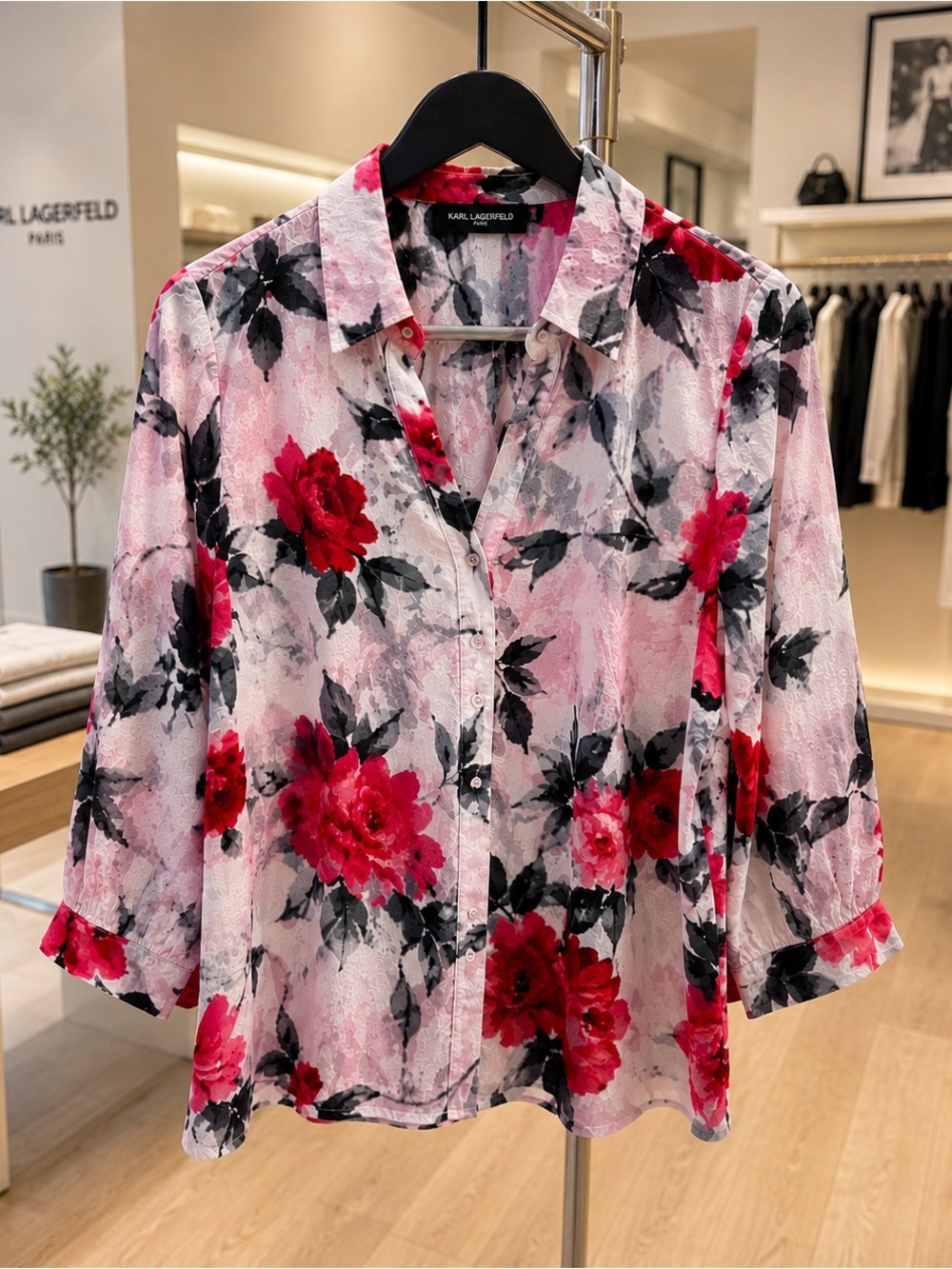 Karl Lagerfeld Paris Floral Jacquard Popover Blouse - Picture 2 of 14